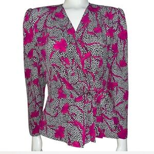 Lilli Ann Vintage‎ Silk Pink Floral Blouse with Flower Appliqué Size S